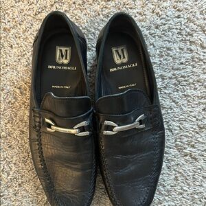 Bruno Magli Black Leather Loafers with Silver Hardware
